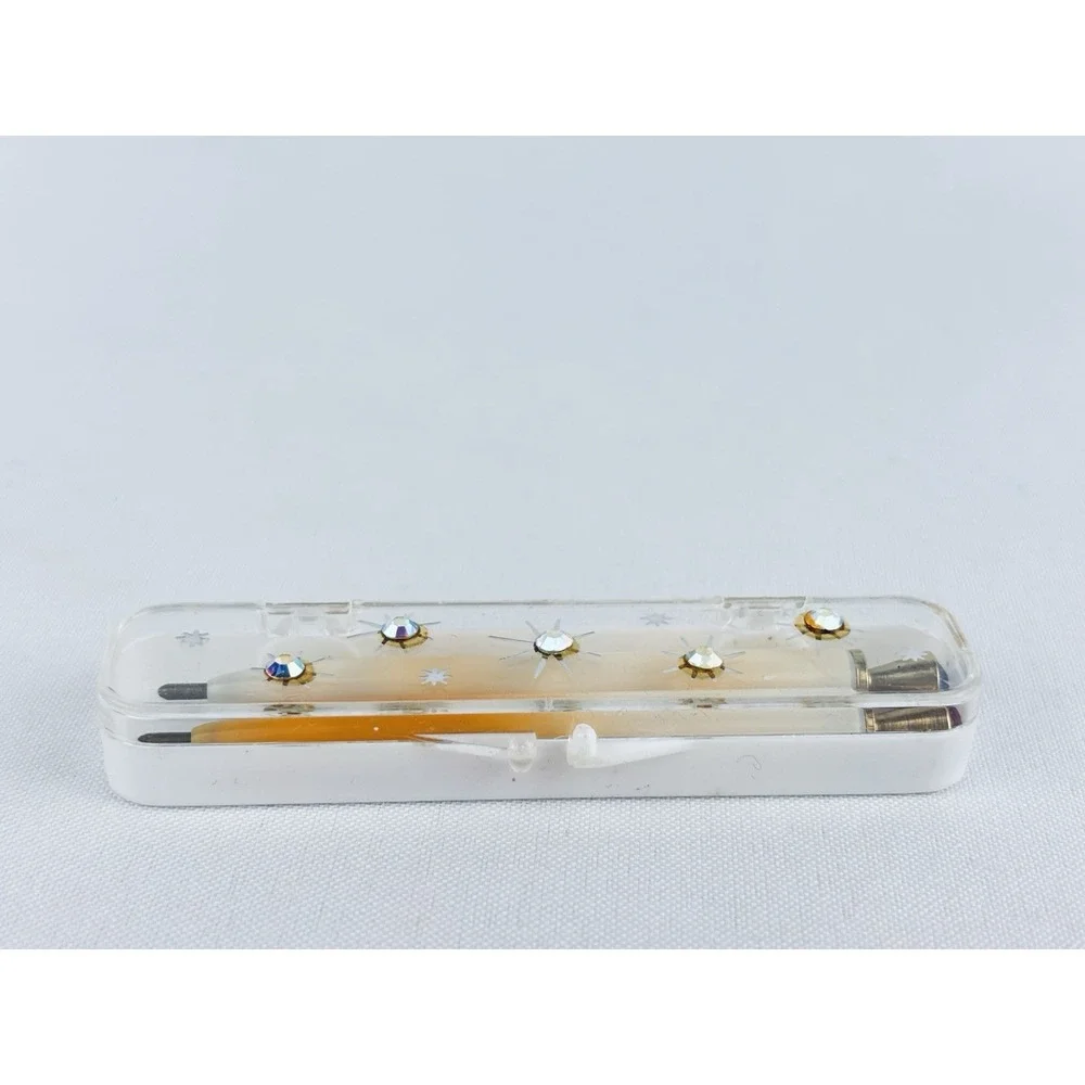 Vintage MCM Peach White Jewel Plastic Pen Set Rhinestone Case Mini‎ Purse Travel